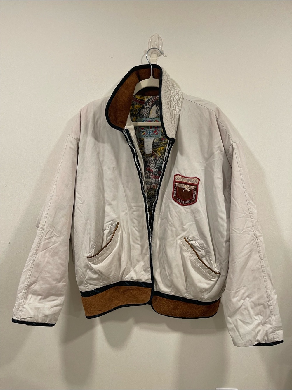 Vintage- Off White Bomber Jacket with Brown suede’s Trim and Sherpa collar